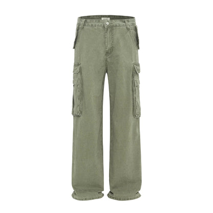 HYPCOURT WASHED RETRO MULTI POCKET CARGO PANTS - GREEN