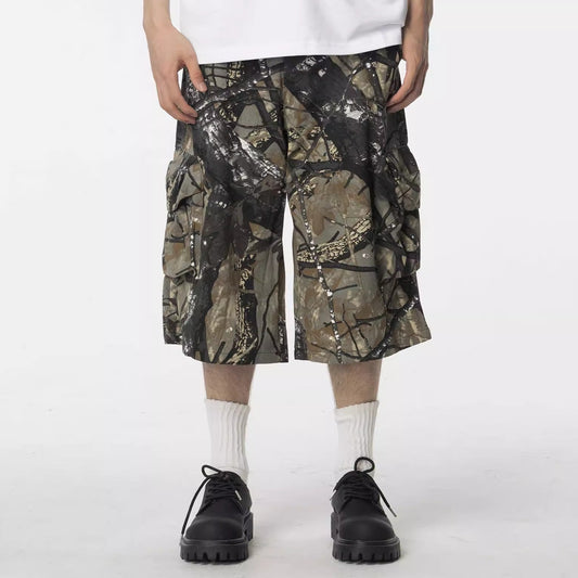 HYPCOURT WASHED TREE BRANCHED CARGO SHORTS