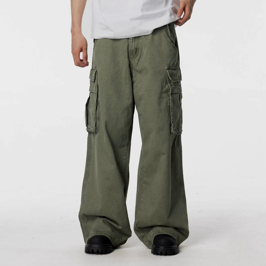 HYPCOURT WASHED RETRO MULTI POCKET CARGO PANTS - GREEN