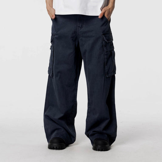 HYPCOURT WASHED RETRO MULTI POCKET CARGO PANTS - NAVY